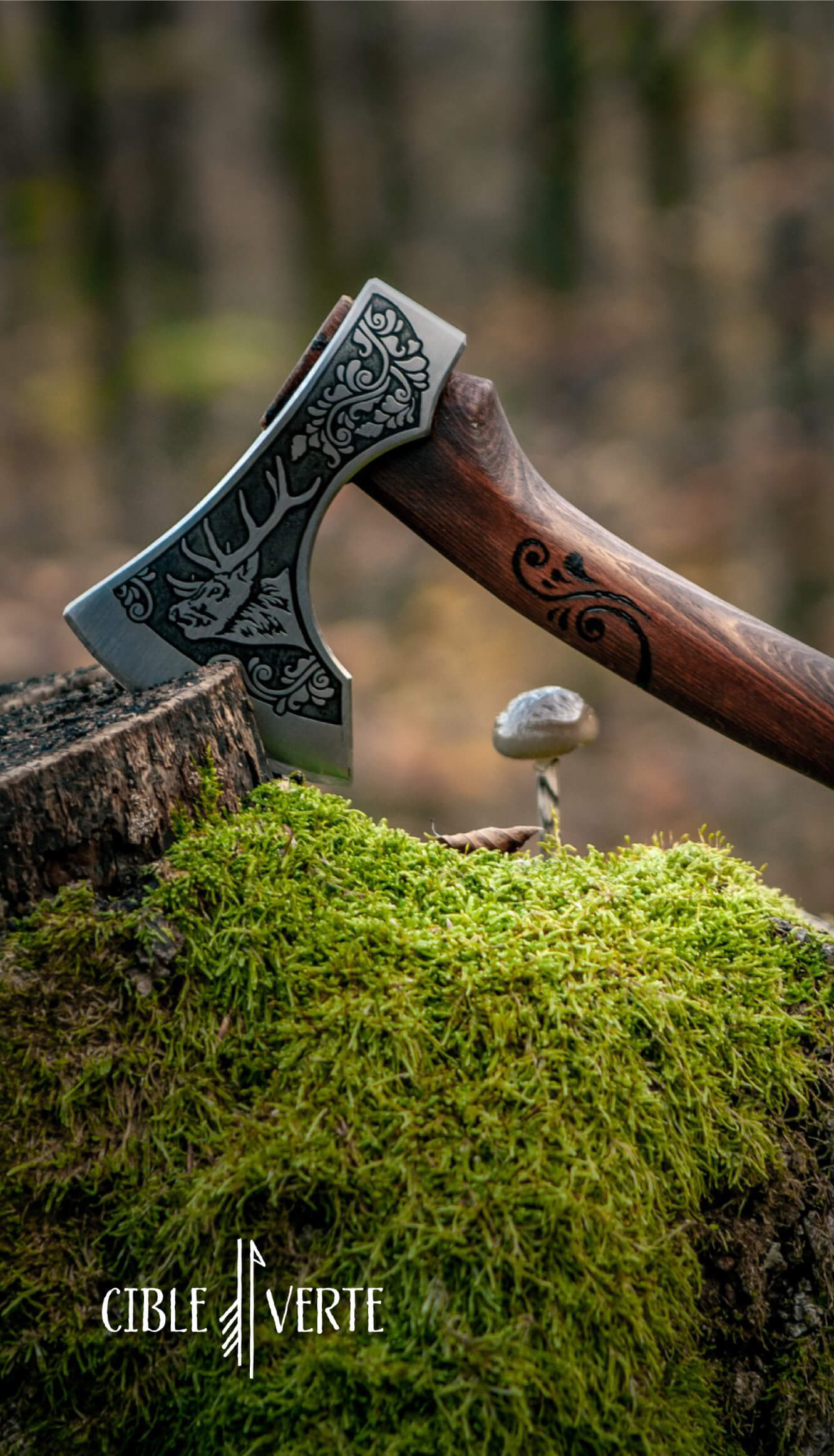 Decorative image of Miracle Deer Hatchet with the wood in the background